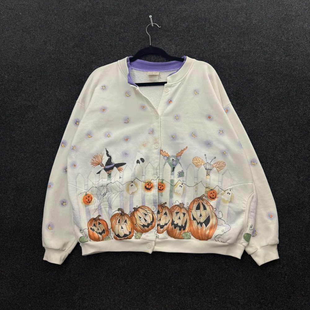 Vintage 90s Artisans Halloween All Over Print Cardigan Sweatshirt White L
